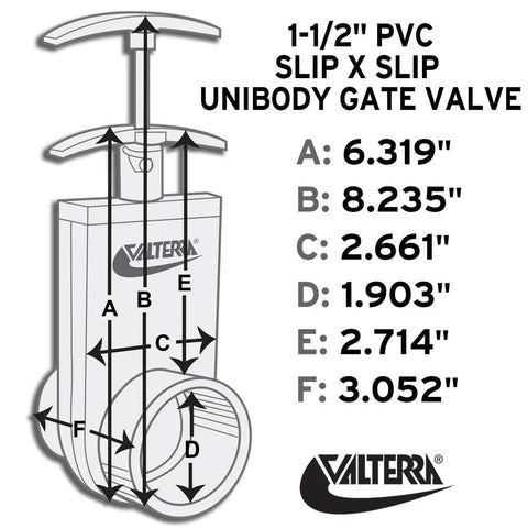 Front diagram of Valterra 2101X PVC gate valve, white, 1-1/2-inch slip x slip, unibody with gate keeper