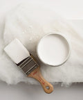 Open can of Cotton Chalk Finish Furniture Paint 16oz Matte White with brush, suitable for wood, metal, plastic, and more.