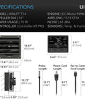 Specifications diagram showing 14-Inch Shutter Exhaust Fan With WiFi Temperature And Humidity Controller, EC Motor.