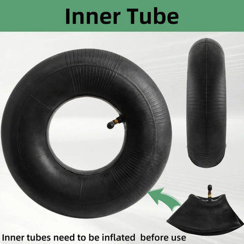 Two Pack 4.10/3.50-4 Tire And Inner Tube With Bent Valve Stem for lawn mowers and wheelbarrows, top view.