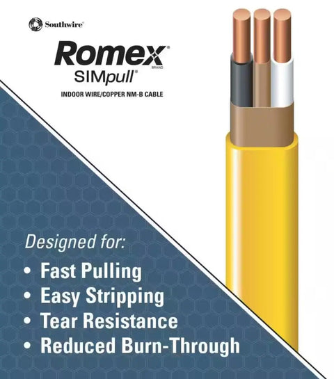 250 Ft 12-2 NM-B Romex Wire, 12 AWG Yellow Dry Location Cable with copper conductors, designed for fast pulling and tear resistance
