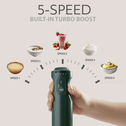 Close-up of Heavy Lifter 5 Speed Immersion Blender With 500 Watt Turbo Boost showing speed settings and holding handle.