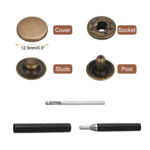 Pro Grade 50 Piece Leather Snap Fastener Kit With Killer Bronze Metal Press Studs and easy setting tools layout.