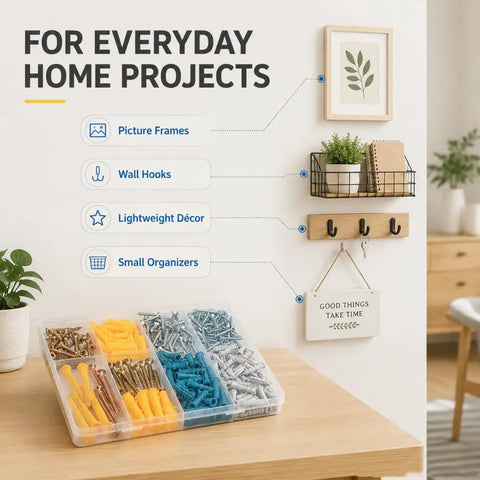 All-In-One Drywall Anchors And Screws Kit 270-Piece Mega Pack With Plastic Wall Anchors And Zinc Alloy Screws Galvanized For Long-Lasting Strength Easy Install For Home Improvement And DIY Projects on shelf
