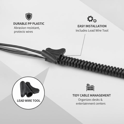 Spiral Cable Wrap With Lead Wire Tool black cord management sleeve for organizing wires with features and benefits highlighted.