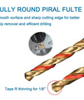 Close-up of titanium twist drill bits with cutting edge detail, part of 60 Piece Mini Titanium Twist Drill Bit Set For Wood Metal Plastic Aluminum And Steel With Pro Grade Fully Ground HSS 4341 Bits And 135 Degree Point Includes Small To One Eighth Inch Sizes For Precise Micro Drilling