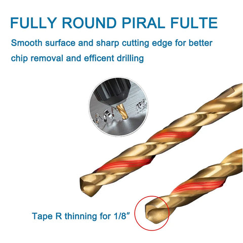 Close-up of titanium twist drill bits with cutting edge detail, part of 60 Piece Mini Titanium Twist Drill Bit Set For Wood Metal Plastic Aluminum And Steel With Pro Grade Fully Ground HSS 4341 Bits And 135 Degree Point Includes Small To One Eighth Inch Sizes For Precise Micro Drilling