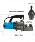 Heavy Duty Portable Electric Hydraulic Rebar Cutter With Cr12MoV Blade Cuts 5 32 Inch To 7 8 Inch Deformed Steel Bar with dimensions and power specs.