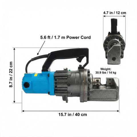 Heavy Duty Portable Electric Hydraulic Rebar Cutter With Cr12MoV Blade Cuts 5 32 Inch To 7 8 Inch Deformed Steel Bar with dimensions and power specs.