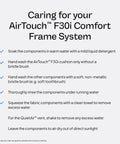 Care instructions for AirTouch F30i Comfort Frame System, detailing washing steps for cushion and frame components.