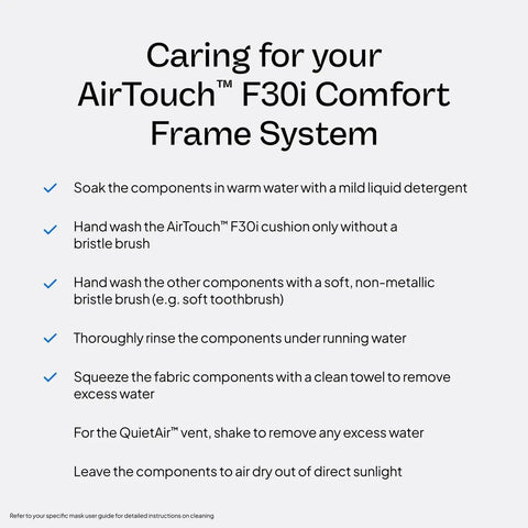 Care instructions for AirTouch F30i Comfort Frame System, detailing washing steps for cushion and frame components.