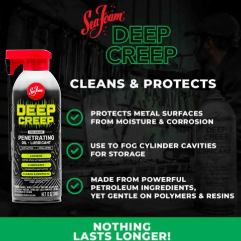 Can of Sea Foam Deep Creep penetrating oil on dark background with text highlighting features of cleans, protects, and prevents corrosion.