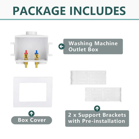 Pack of 2 Washing Machine Outlet Boxes With One Half Inch Pex Crimp Inlet To Three Quarter Inch MHT Outlet, includes box cover and support brackets