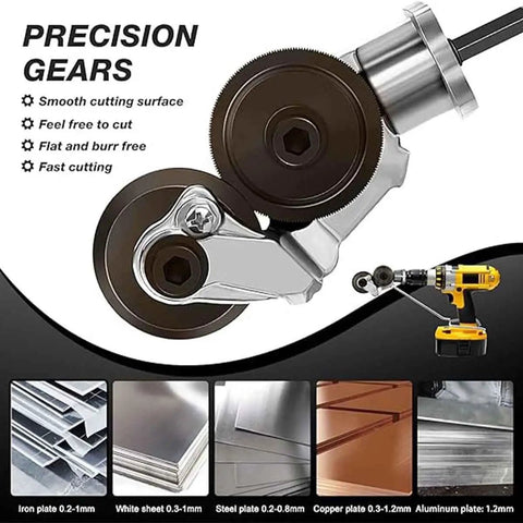 Close-up of precision gears in Heavy Duty Electric Drill Shear Conversion Kit That Clamps Straight In To Rip Steel Aluminum Copper And Drywall Like Butter Fast Twist Lock Chuck Mount.
