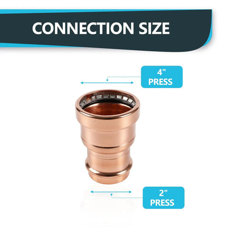 5 Pack Press Fit Copper XL Coupling Reducer Set, 4 Inch By 2 Inch Heavy Duty Plumbing Pipe Connectors shown in 4-inch to 2-inch size.