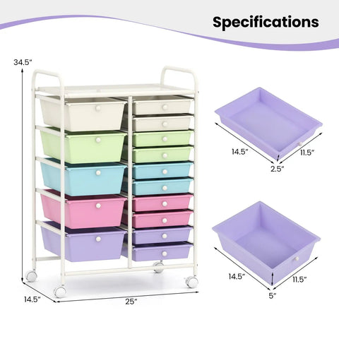 15 Drawer Rolling Storage Cart For Classroom And Office, Mobile Organizer Cart For Tools, Crafts, Small Printer And Paper with pastel colored drawers and durable industrial-grade wheels, product dimensions shown.