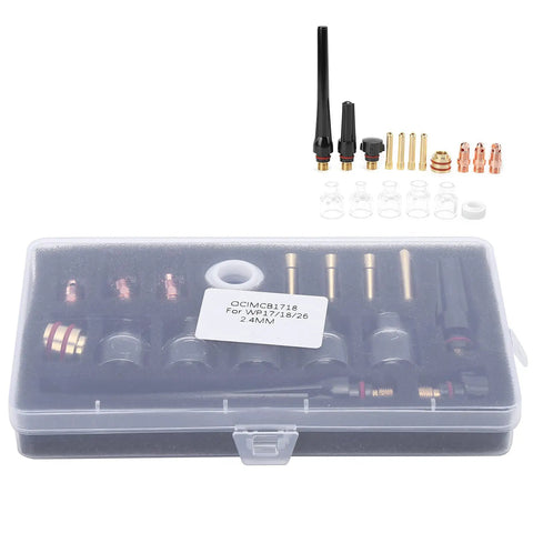 Upgrade Your Argon TIG Welding Game With This Premium WP 17 18 26 Torch Accessories Kit in a clear case featuring nozzles and clamps.
