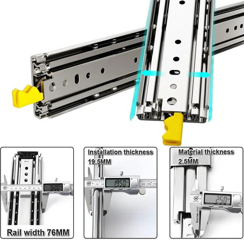 Heavy Duty 24 Inch Locking Drawer Slides Full Extension Ball Bearing Rails For Tool Boxes Industrial Side Mount Drawer Runners Smooth Glide Action Pro Grade 500 Pound Capacity Rust Resistant Steel with measurements.