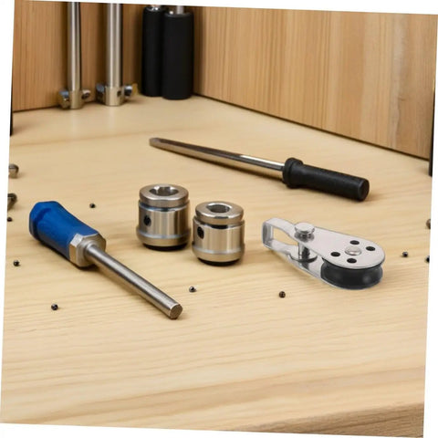 Beefy Stainless Steel Sailing Pulley Block Set 4 Pack For Marine Rigging And Kayak Gear Rugged Pulleys with tools on a table