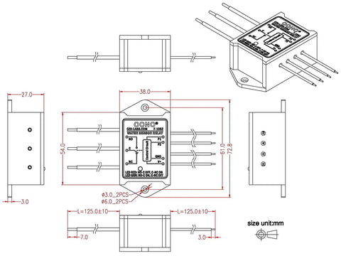 Technical drawing of Water Sensor Relay Module with SPDT Switch for 12V DC operation, dimensions and wiring details shown.