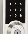 SmartCode 916 Touchscreen Keyless Entry Deadbolt With Illuminated Screen One Touch Lock Z Wave Plus Smart Home Ready SmartKey Security Satin Nickel Finish For Secure Remote Access showing keypad and lock in satin nickel finish