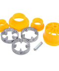 Beaupretty Electric Pipe Threader Kit For Plastic Npt Taps includes 1/2 inch and 3/4 inch dies with yellow plastic and metal components.