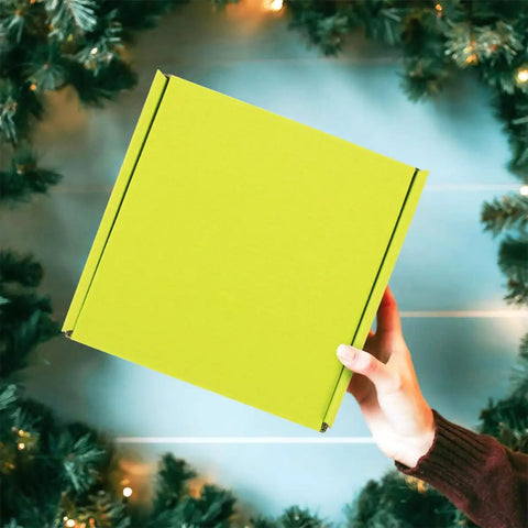 Person holding 10 Pack Green Corrugated Shipping Boxes For Mailing And Transport, Sturdy No Tape Or Glue Assembly against festive background.