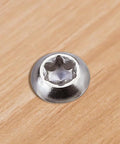 100 Pack M4 X 12mm Button Head Torx Self Tapping Screws For Wood And Sheet Metal In Premium 304 Stainless Steel Rust Resistant Heavy Duty Fasteners With T20 Driver Bit showing top view of a shiny button head screw.