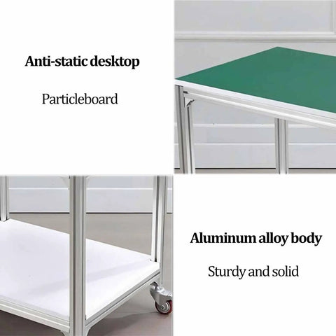 Heavy Hitting Antistatic Workbench With Easy Roll Caster Wheels Three Tier Solid Aluminum Storage Shop Table For Straight Up Workshop Needs And Pro Repair Tasks close-up of anti-static desktop and aluminum alloy body.