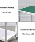 Solid Workhorse Three Tier Rolling Workbench With Anti Static Surface Heavy Duty Aluminum Frame Mobile Shop Cart showing anti-static desktop and sturdy aluminum frame.