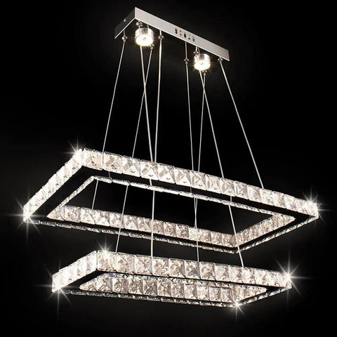 Lit LED Two Ring Rectangular Crystal Chandelier Pendant Light in stainless steel with K9 crystals, front view
