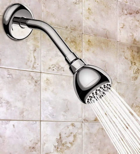 High Pressure 3 Inch Shower Head With Beast Mode Water Flow, silver finish, spraying wide water in a tiled bathroom