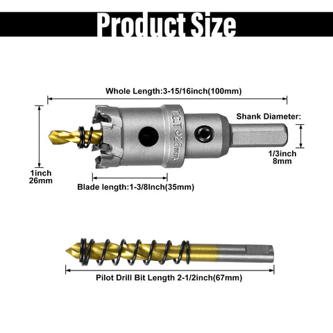 1 Inch Tungsten Carbide TCT Hole Saw Kit With Titanium Plated Pilot Drill Bit For Metal dimensions illustration
