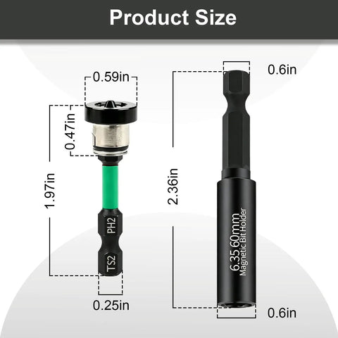 Product size image showing components of Rock Solid 6 Piece Drywall Screw Setter Set With Adjustable Depth Positioning Bits.