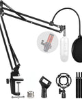 Heavy Duty Microphone Stand With Adjustable Quad Boom Arm Studio Mic Boom Windscreen Double Layer Pop Filter Shock Mount