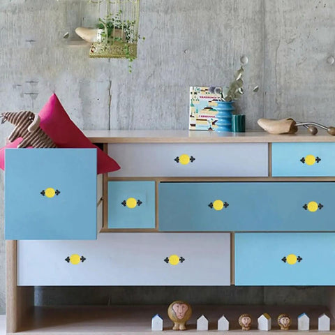 Slick Ceramic Cabinet Knobs And Drawer Pulls With Matte Black Alloy Backplate 10 Pack on colorful dresser drawers.
