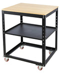 Badass Heavy Duty Rolling Planer Stand With Solid Steel Frame And Five Hundred Pound Lifting Capacity For Smooth Caster Movement and Flexible Power Tool Organization In Every Workshop, featuring a sturdy black frame and wood top.