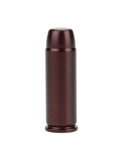 Close-up of a single 45 Colt precision snap cap, pro-grade aluminum construction, part of 6 pack for safe dry fire practice and training.