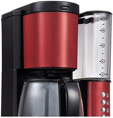 Close-up of Automatic Bean Grinding Espresso Machine With Glass Carafe, Compact Red Coffee Maker For Home Or Office Use, 800W Power