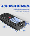 Rock Solid Bluetooth Laser Distance Measurer With 229 Foot Range And IP54 Weather Defense showing a large backlit screen for visibility.