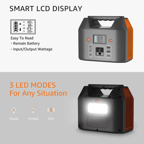 Ultra Portable Power Station 150W 155Wh Solar Generator with LED light and LCD display for multiple outputs