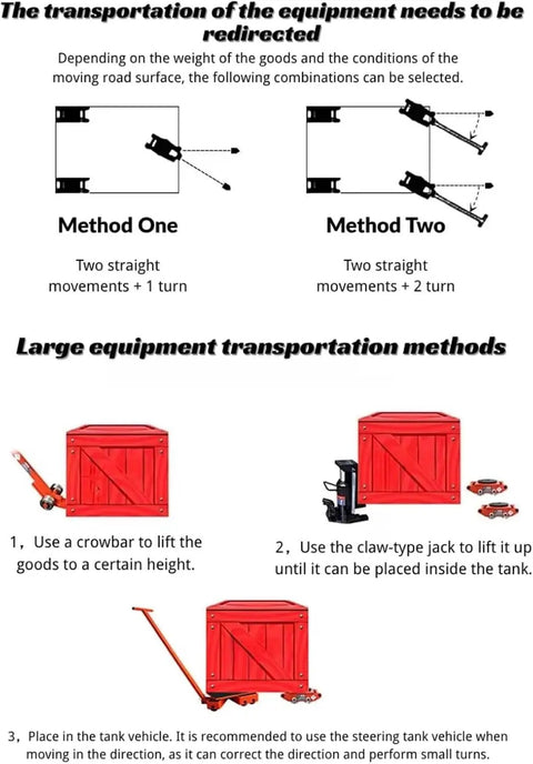 Diagram showing large equipment transportation methods with red crate, crowbar, and claw-type jack for moving loads smoothly.