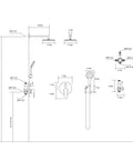 Technical diagram of Matte Black All In One Shower System Complete Kit With 12 Inch Rainfall Shower Head And 5 Setting Handheld