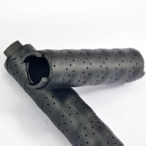 Perforated black leather grips for 22.2mm handlebars, Grippy Leather Double Lock On Bike Grips 22.2mm For Mountain And Road Bikes