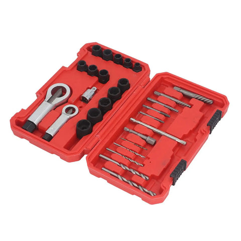 Heavy Duty 28 Piece Screw Extractor Set For Stripped Rusty Broken Bolts Fast Removal Tool Kit Compatible With Electric Drills And Power Ratchets, red case open