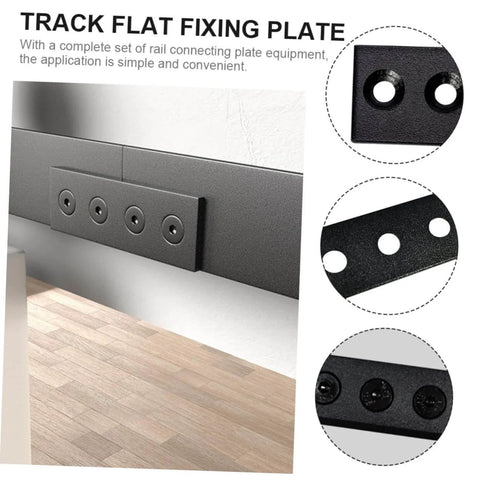 Metal Track Mending Plates For Barn Door Repair Carbon Steel Joint Brackets installed on a wooden floor with mounting screws visible