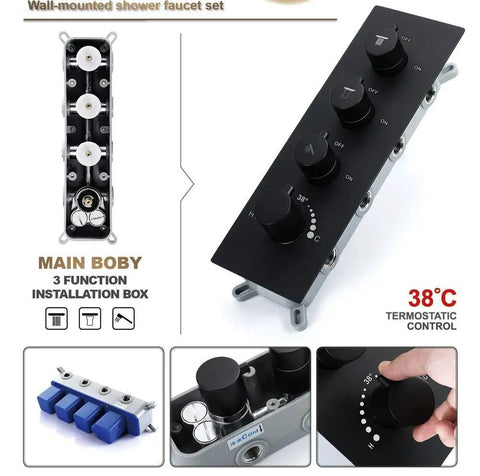 Slick Matte Black Wall Mounted Bathroom Shower Set with Solid Copper Body showcasing control knobs and installation box.