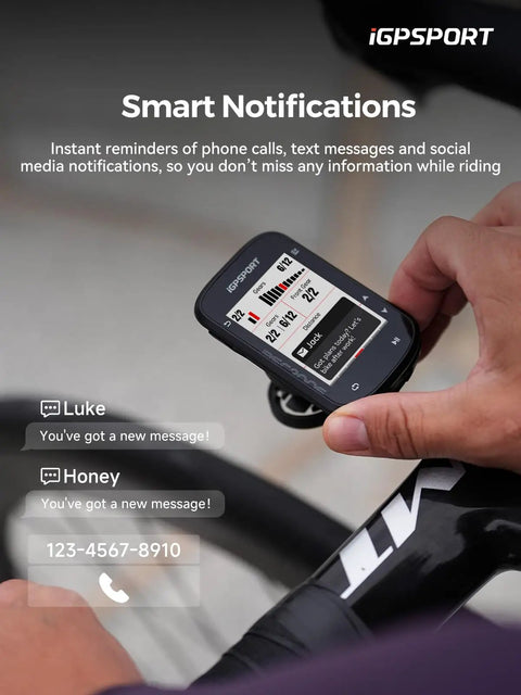 Route Nav GPS Bike Computer With 2.4 Inch Screen, Wireless Bluetooth ANT Plus displaying smart notifications on a bike handlebar