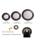 Three sizes of Heavy Duty 5 Inch Stem Casters Four Pack Premium Flat Rubber Wheels with bearing detail.