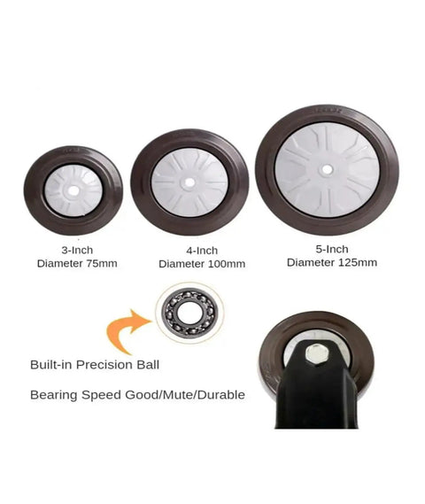 Three sizes of Heavy Duty 5 Inch Stem Casters Four Pack Premium Flat Rubber Wheels with bearing detail.